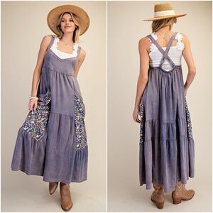 Easel Washed Denim Floral Print Pockets Criss Cross Dress